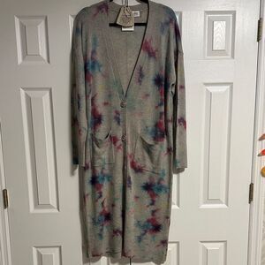 27 Miles Women’s Grey Tie-Dye Cashmere Long Cardigan/Duster with Pockets Size S